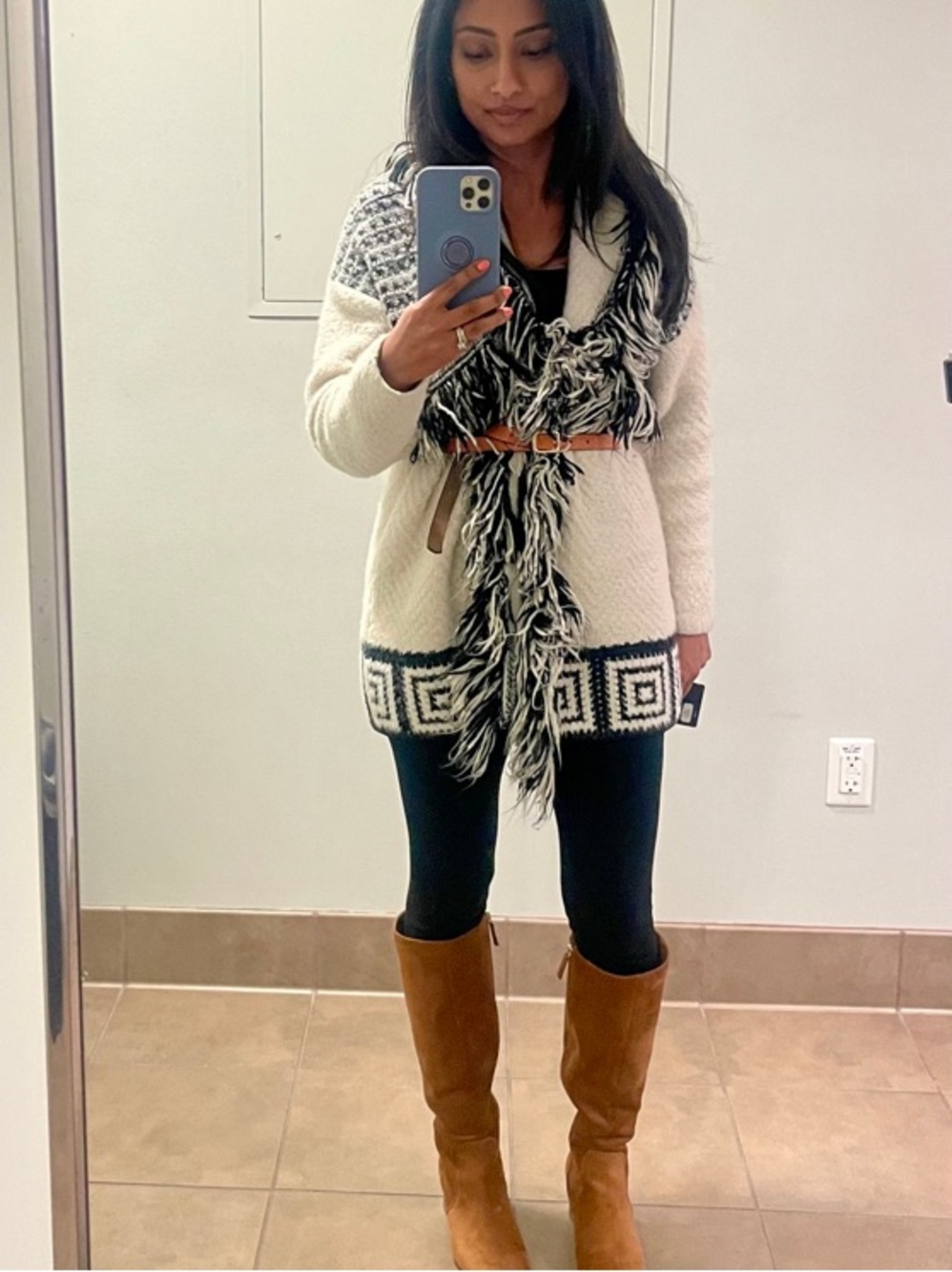Beige & Black Fringe Knit Cardigan Sweater - Picture 7 of 13